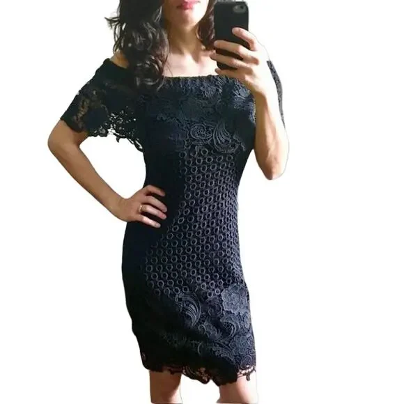 Tahari ASL NWT Amy Black Lace Off the Shoulder Cocktail Party Sheath Dress - Picture 11 of 12